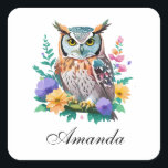 Watercolor Owl and Colorful Flowers Square Sticker<br><div class="desc">An owl with delicate colorful flowers,  painted in soft watercolor hues.</div>