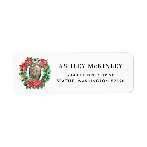 Watercolor Owl and Poinsettia Holly Wreath Holiday Label