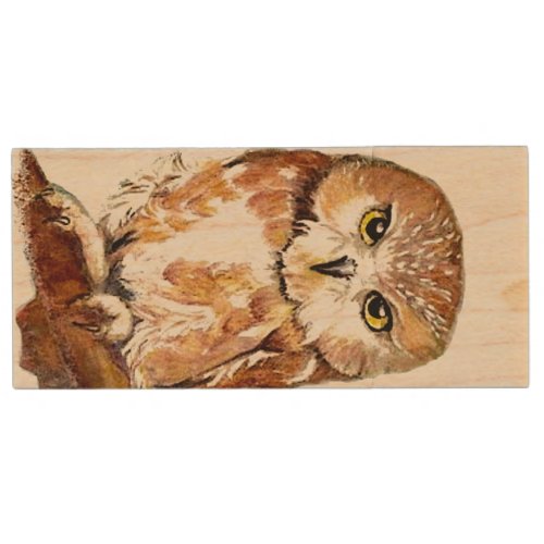 Watercolor Owl Bird Wildlife Nature Art Wood Flash Drive