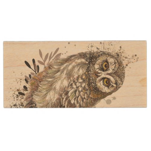 Watercolor Owl Bird Wildlife Nature Art Wood Flash Drive