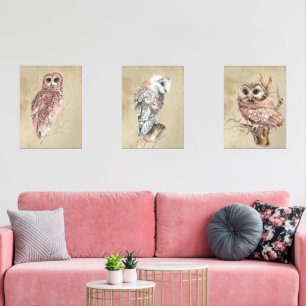 Watercolor Owl Bird Wildlife Woodland Farmhouse Wall Art Sets