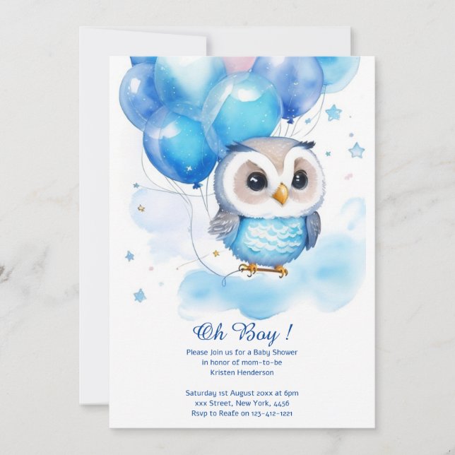 Watercolor Owl Boy Baby Shower Invitation (Front)
