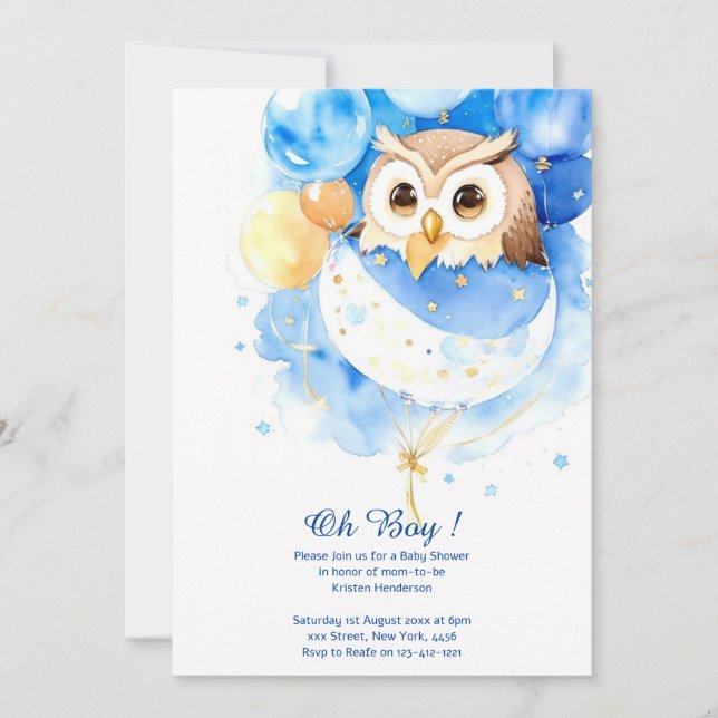 Watercolor Owl Boy Baby Shower Invitation (Front)