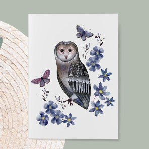 Watercolor Owl, Butterflies and Flowers Note Card