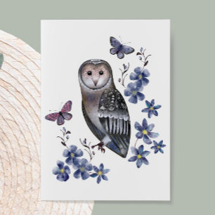 Watercolor Owl, Butterflies and Flowers Note Card