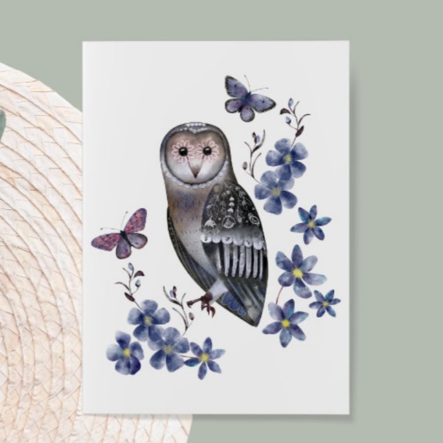 Watercolor Owl, Butterflies and Flowers Note Card (Creator Uploaded)
