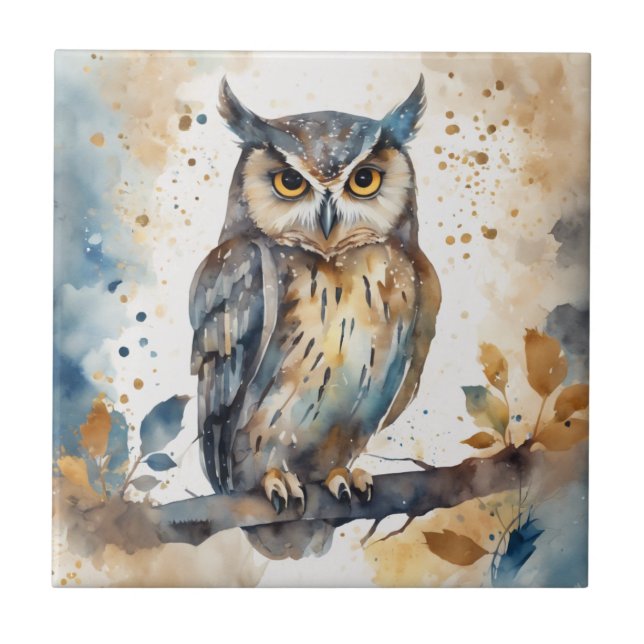 Watercolor Owl Ceramic Tile (Front)