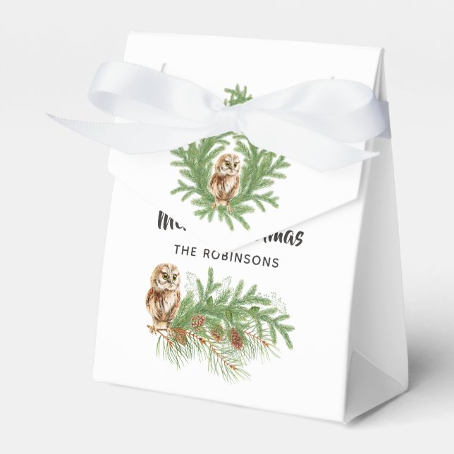 Watercolor Owl Christmas Favor Boxes (Front Side)
