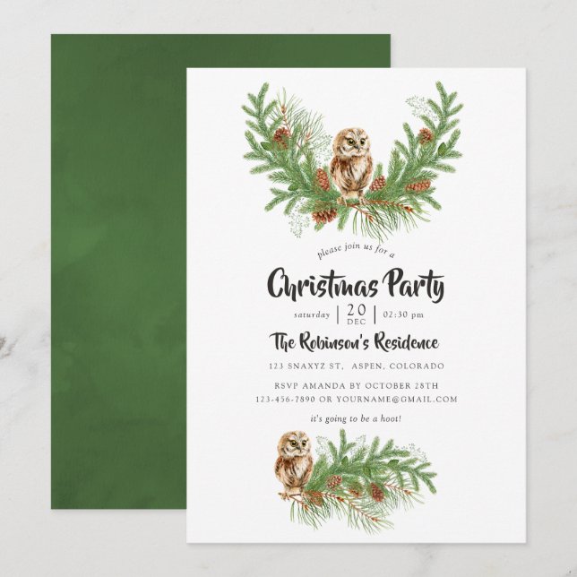 Watercolor Owl Christmas Party Invitation (Front/Back)
