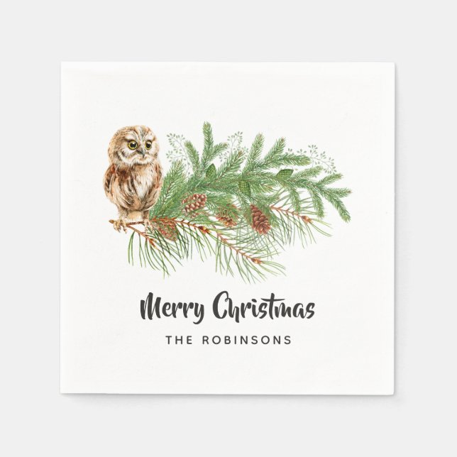 Watercolor Owl Christmas Party Napkins (Front)