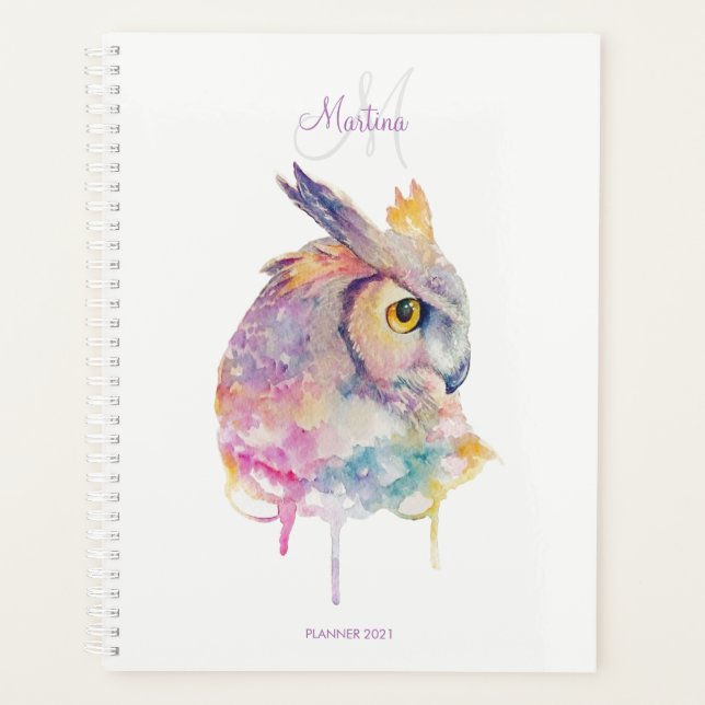 Watercolor Owl Custom Monogram Planner (Front)