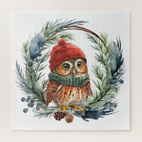 Watercolor Owl Cute Christmas Bird Jigsaw Puzzle