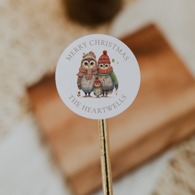 Watercolor Owl Family Personalized Merry Christmas Classic Round Sticker (Creator Uploaded)