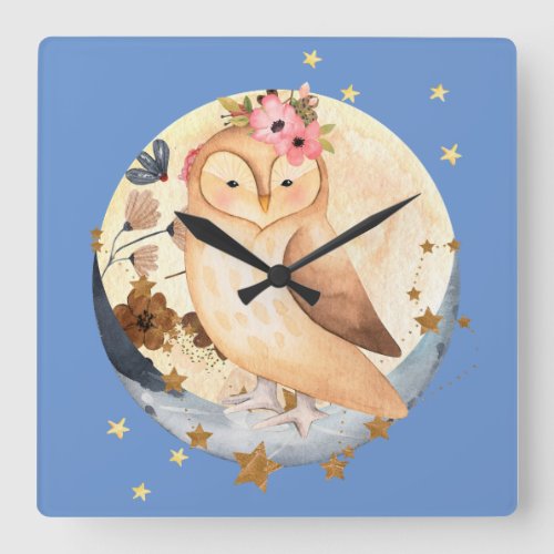 Watercolor Owl Flowers Moon and Stars Square Wall Clock