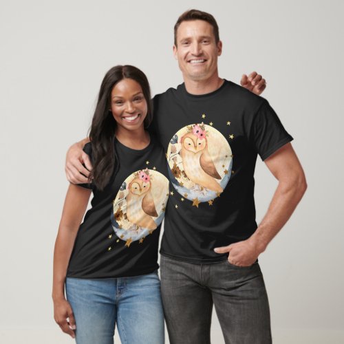 Watercolor Owl Flowers Moon and Stars Unisex BLK T_Shirt