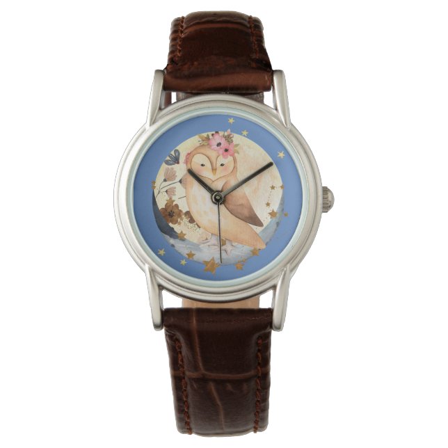 Watercolor Owl Flowers Moon and Stars Watch (Front)