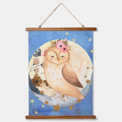 Watercolor Owl Flowers Moon Stars  Hanging Tapestry