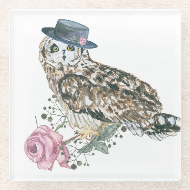 Watercolor Owl Glass Coaster (Front)