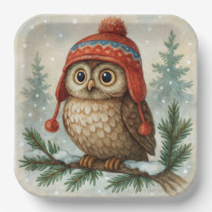 Watercolor Owl In a Winter Cap Paper Plates