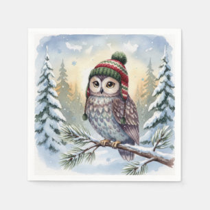 Watercolor Owl In Winter Hat Napkins