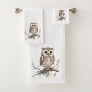 Watercolor Owl on Branch Bathroom Towel Set