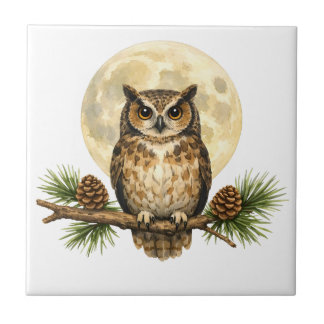 Watercolor Owl on Tree Branch and Full Moon Ceramic Tile