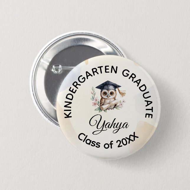 Watercolor Owl Pre-K Kindergarten Graduation Button (Front & Back)