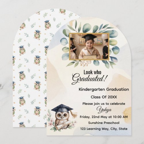 Watercolor Owl Pre-K Kindergarten Graduation Invitation