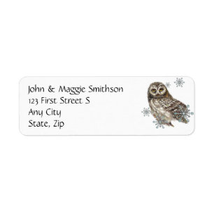 Watercolor Owl & Snowflakes Bird Wildlife Art Label