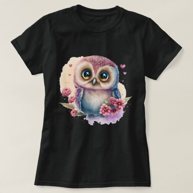 Watercolor Owl Surrounded By Vibrant Blossoms  T-Shirt (Design Front)