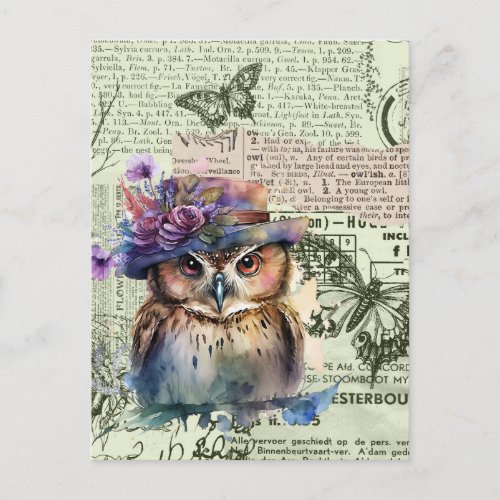 Watercolor Owl Vintage Papers Collage Postcard