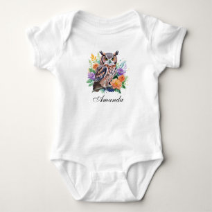Watercolor Owl with Colorful Flowers Baby Bodysuit