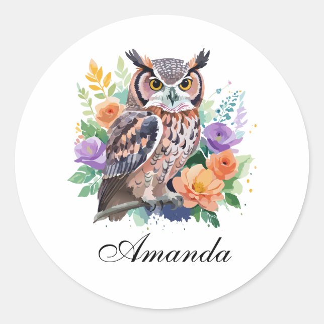 Watercolor Owl with Colorful Flowers Classic Round Sticker (Front)