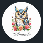 Watercolor Owl with Flowers Girly Classic Round Sticker<br><div class="desc">A watercolor owl with blooming flowers,  creating a harmonious design.</div>