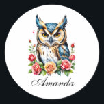 Watercolor Owl with Flowers Girly Classic Round Sticker<br><div class="desc">A watercolor owl with blooming flowers,  creating a harmonious design.</div>