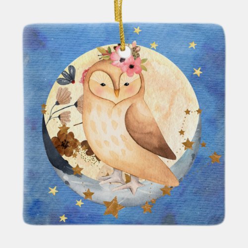 Watercolor Owl with Flowers Moon and Stars Ceramic Ornament