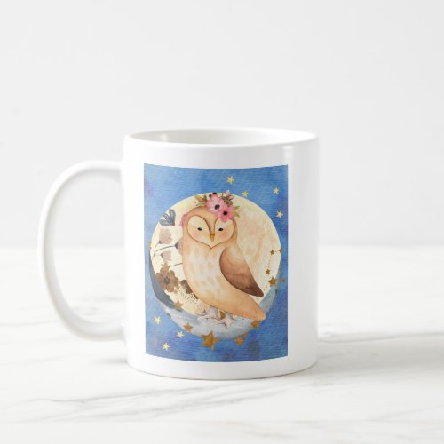 Watercolor Owl with Flowers Moon and Stars Mug