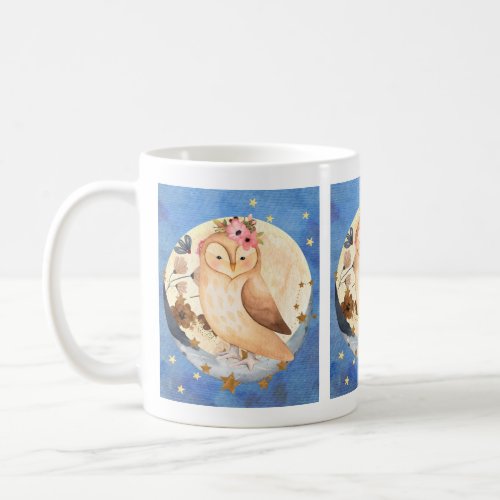 Watercolor Owl with Flowers Moon and Stars Mug