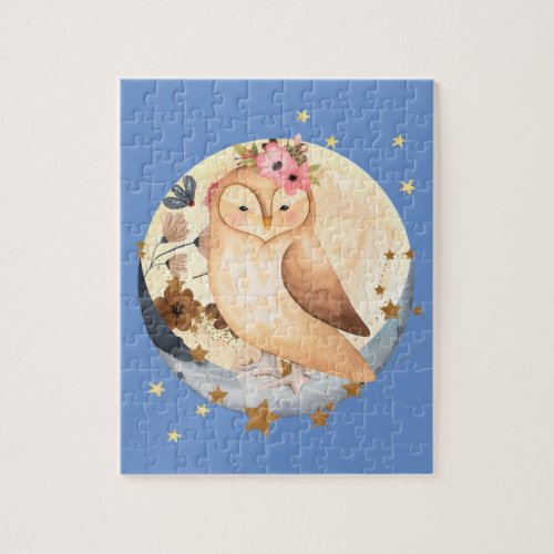 Watercolor Owl with Flowers Moon and Stars Puzzle