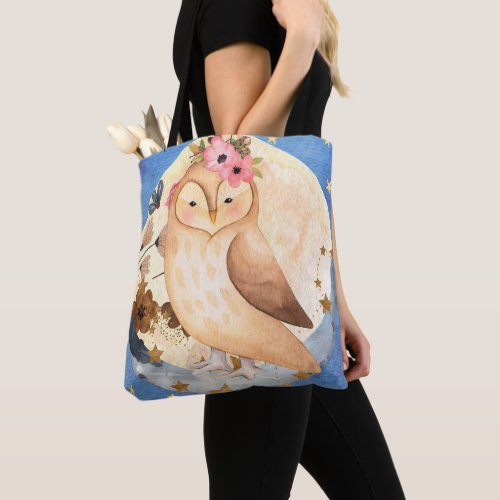 Watercolor Owl with Flowers Moon and Stars Tote Bag