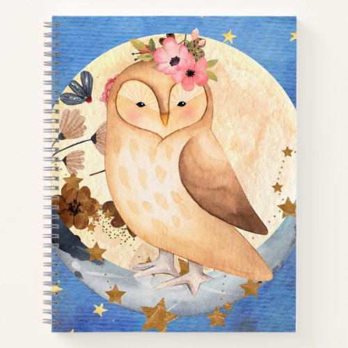 Watercolor Owl with Flowers Moon Stars Notebook
