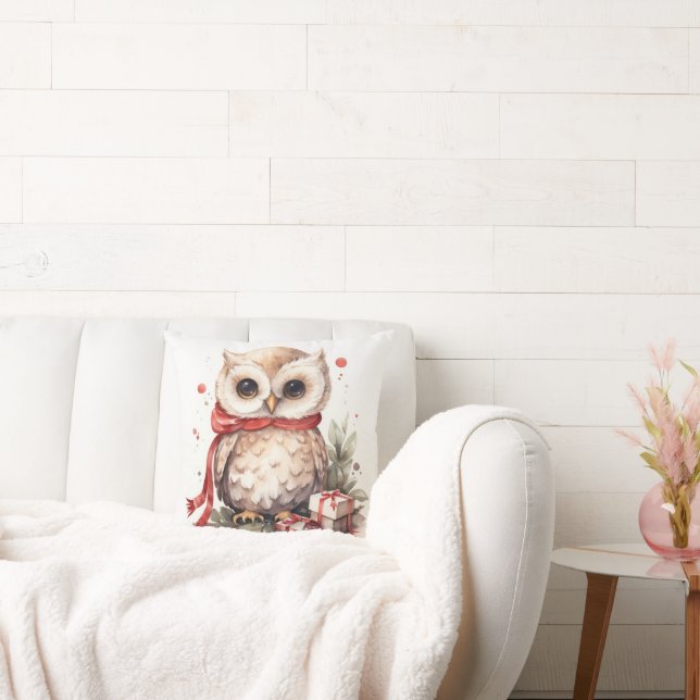 Watercolor Owl With Holiday Gifts Throw Pillow (Couch)