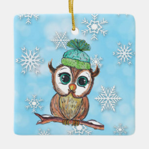Watercolor Owl with Personalized Message on Back Ceramic Ornament