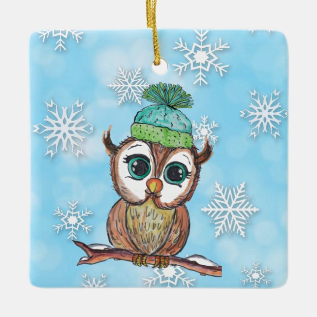 Watercolor Owl with Personalized Message on Back Ceramic Ornament (Front)
