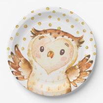 Watercolor Owl Woodland Animal Gold Dot Birthday Paper Plates
