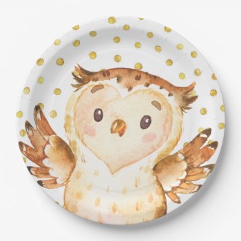 Watercolor Owl Woodland Animal Gold Dot Birthday Paper Plates by LilPartyPlanners at Zazzle