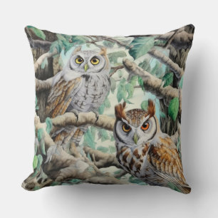 Watercolor Owls in Trees Throw Pillow