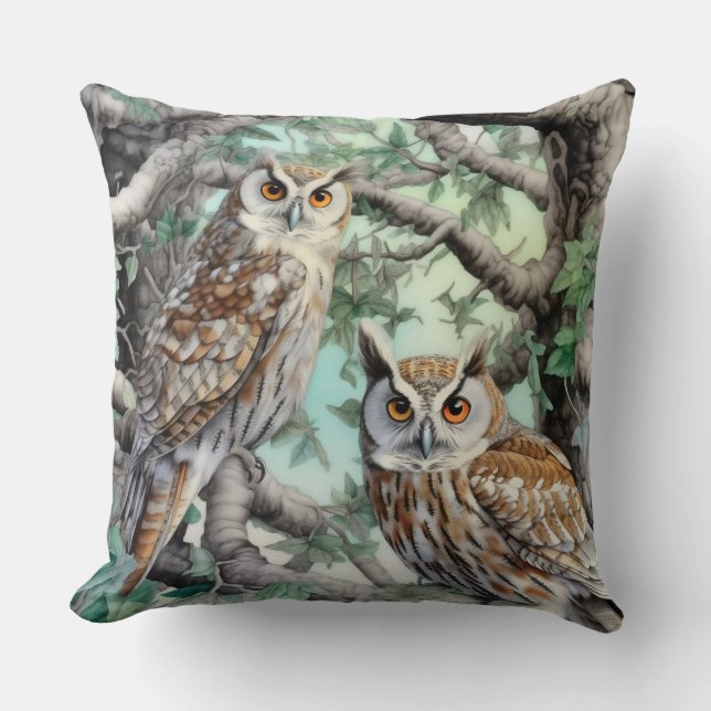 Watercolor Owls in Trees Throw Pillow (Front)