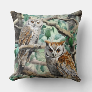 Watercolor Owls in Trees Throw Pillow