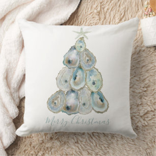 Watercolor Oyster Christmas Tree Throw Pillow